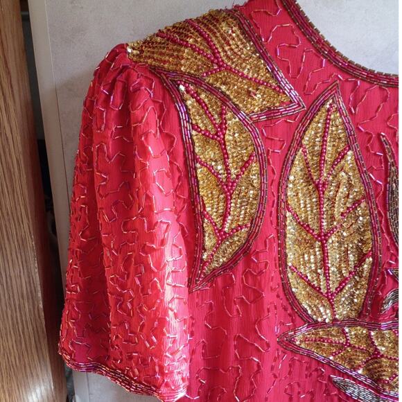 Vntg silk beaded red gold india dress eve’s allure 80s 90s glam holiday xl ml - Picture 3 of 15